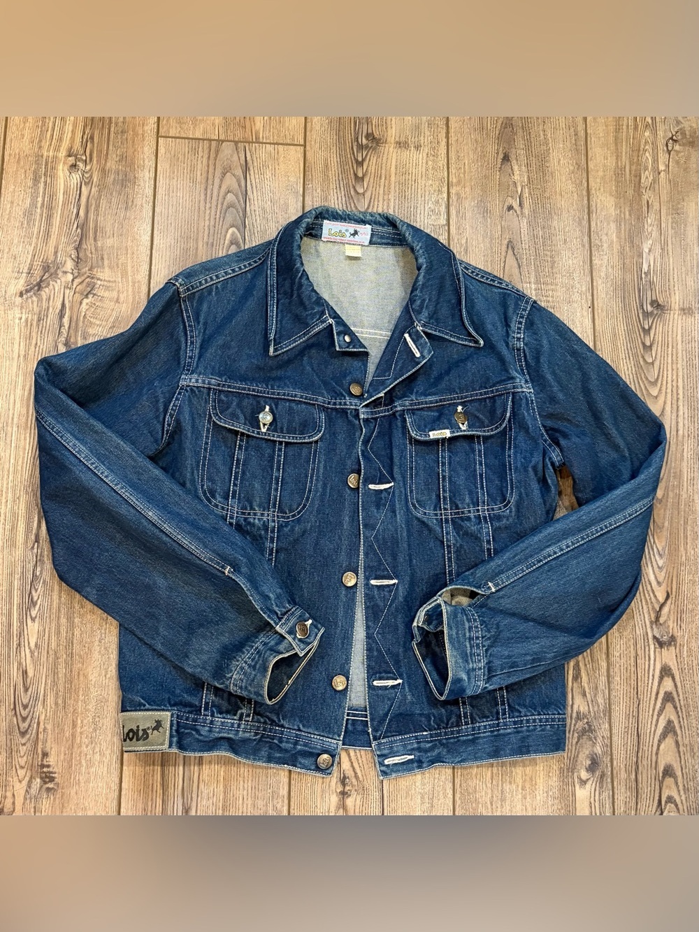 Vintage 1970s Lois Denim Trucker Jacket Made by Saez Merino Spain Size M 52 Blue